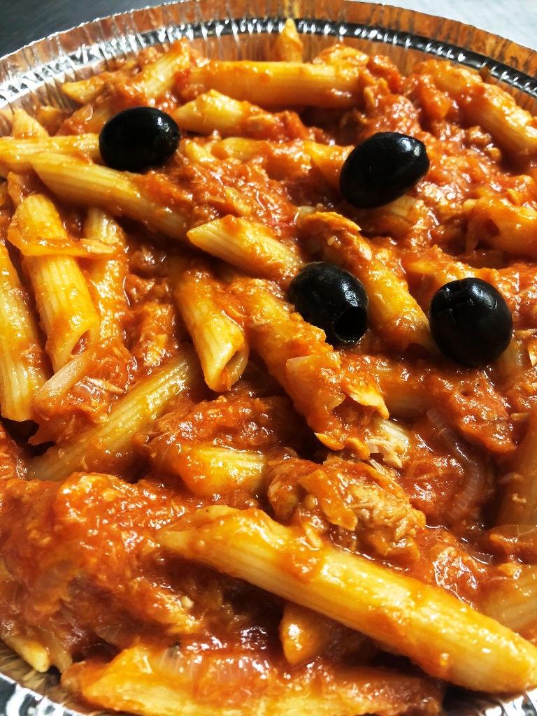 RED TUNA PENNE with onion, olives, and tuna in tomato sauce £8.75