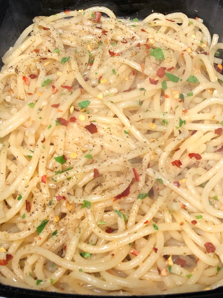 Spaghetti Rene` oil chillie and garlic £7.50